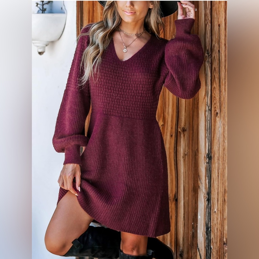 NWT CUPSHE Sweater V Neck Honeycomb Long Sleeve Textured Pullover Dress Medium